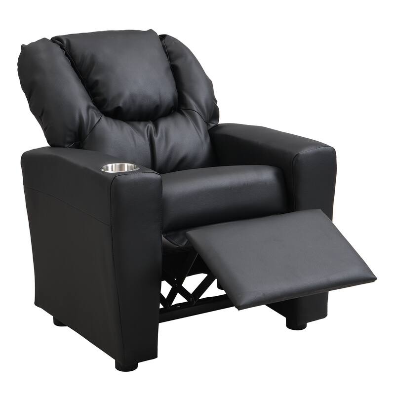 Kids Recliner Chair Black PVC Durable Toddler Chair with Cup Holder Ergonomic Design Easy Assembly 150 lbs Capacity