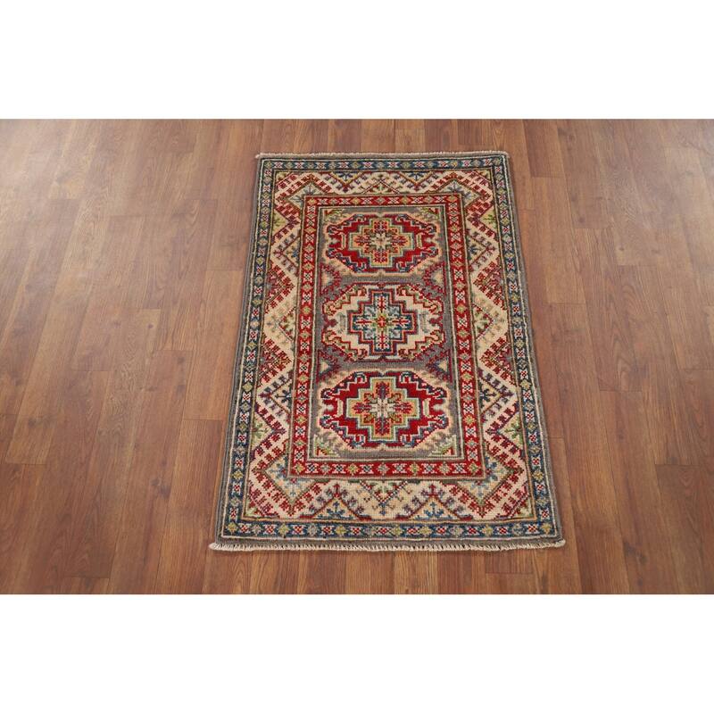 Hand Knotted Oriental 100% Wool Carpet Traditional Geometric Beige & Ivories Kazak Area Rug - 3' 0'' X 2' 0''