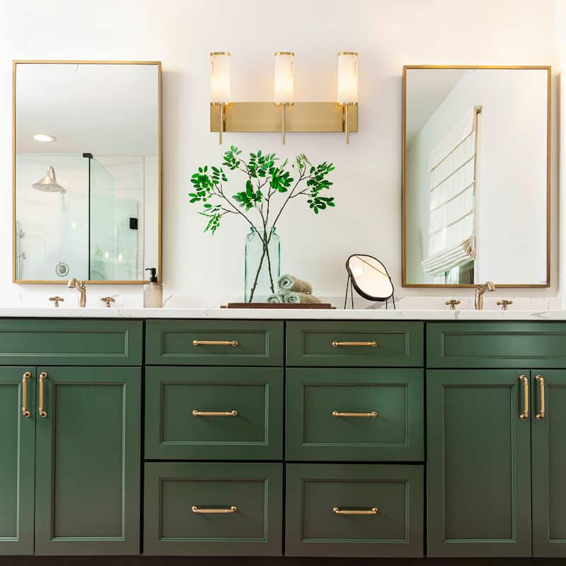 3-Light Gold Vanity Light Cylindrical Marble Crackle Glass Shades