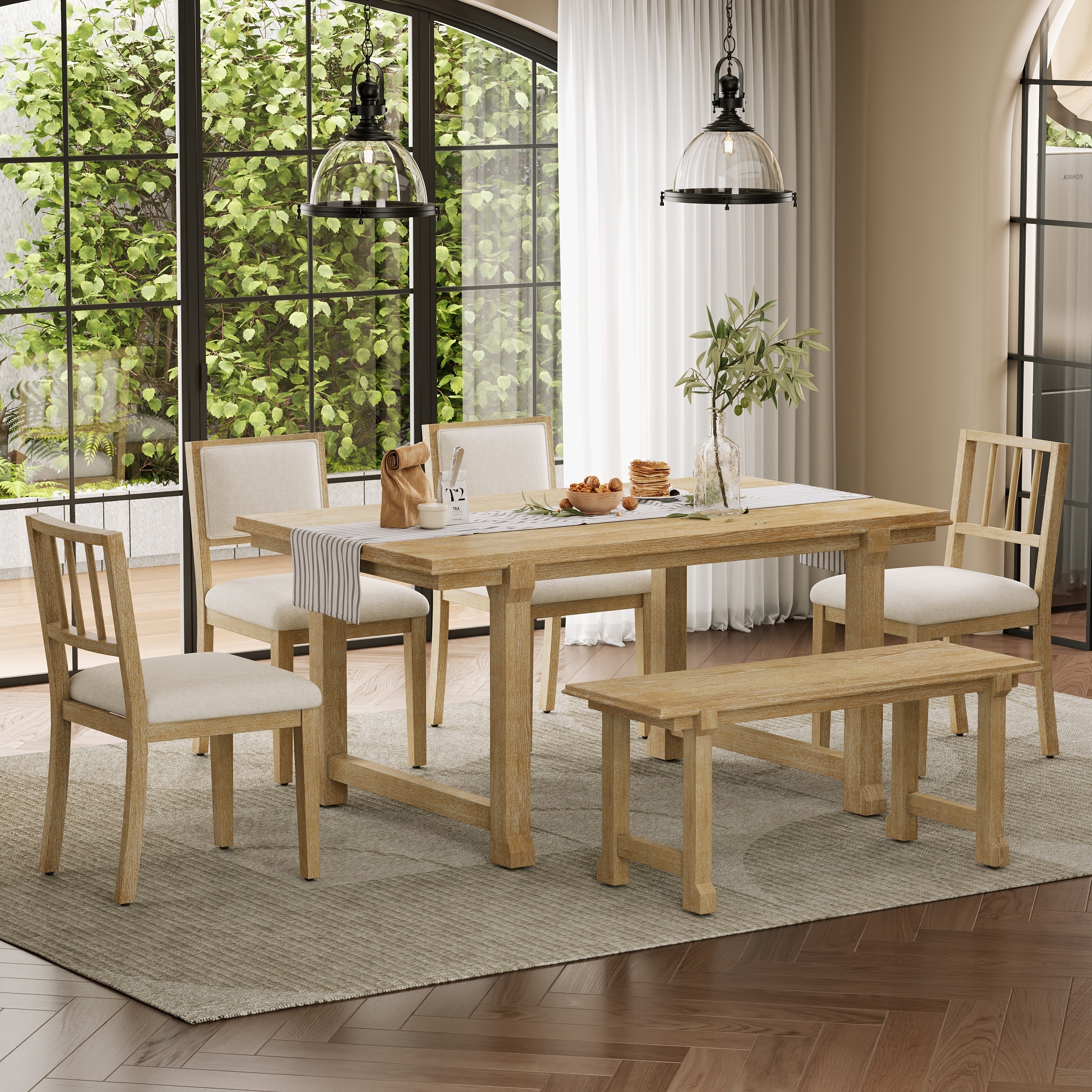 6-Piece Farmhouse Dining Set for 6, Kitchen & Dining Room Sets with Solid Wood Legs and Frame, Ergonomic Dual-Style Chairs