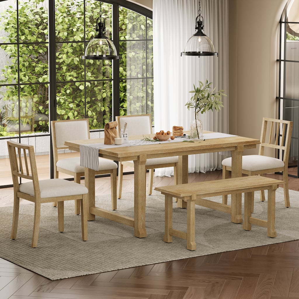 Farmhouse 6-Piece Dining Set with Solid Wood Legs and Ergonomic Upholstered Chairs and Bench