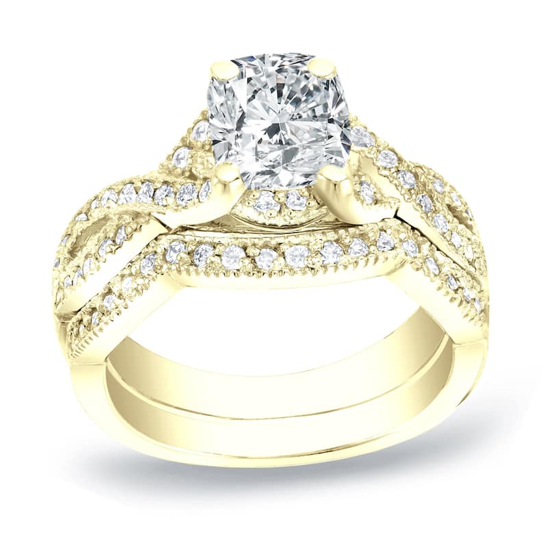 Auriya 14k Gold 1ctw Vintage Cushion-cut Diamond Engagement Ring Set