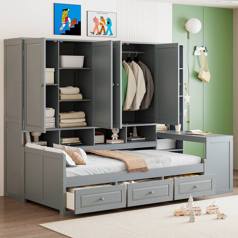 Wooden Daybed Frame All-in-One Bookcase Captains Bed with Storage Cabinet, Wardrobe, Side Writing Desk and 3 Bottom Drawers - Gray - Twin