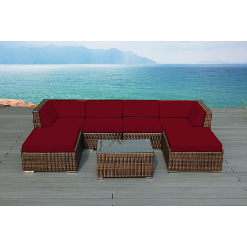 Ohana Outdoor Patio 7-piece Mixed Brown Wicker Conversation Set - No Assembly - Sunbrella Jockey Red