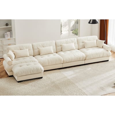 L-shaped Convertible Velvet Sectional Cloud Sofa with Ottoman & Pillows