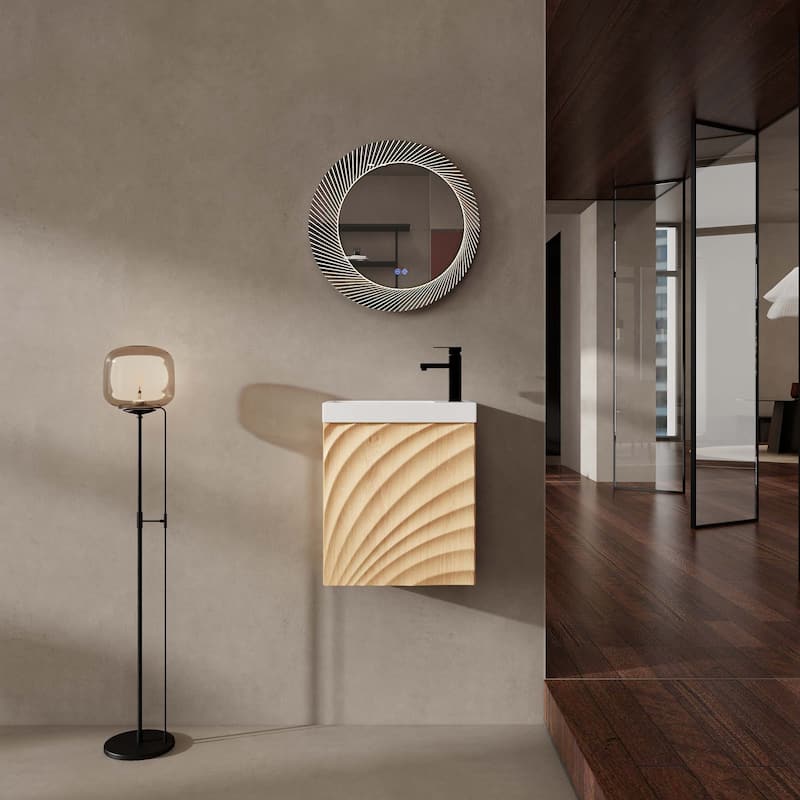 GDFStudio - Helsinki 18.5" Modern Wall-Mounted Bathroom Vanity Set with Resin Sink, Soft Closing Door & Antirust Hardware - Natural Wood - Wave Panel