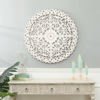 Distressed White Wood Flower Mandala 31.5" Round Wall Decor