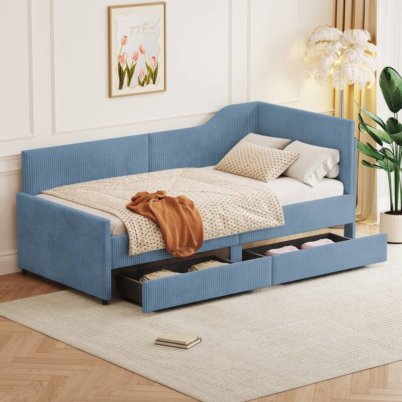 Twin Size L-Shaped Corduroy Upholstered Daybed with 2 Drawers