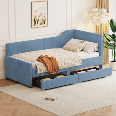 Twin Size L-Shaped Corduroy Upholstered Daybed with 2 Drawers