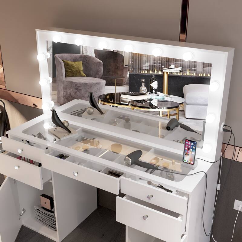 Hollywood Large Makeup Vanity Desk with 12 Light Bulbs; Modern Dressing Table with Multiple Storage Drawers & Crystal Knobs