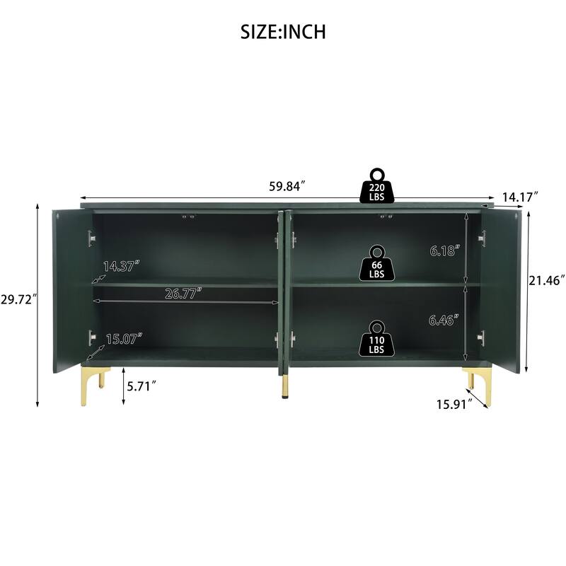 Modern 4-Door Wood Sideboard with Carved Panels, Push-to-Open Doors, Adjustable Shelves and Metal Legs