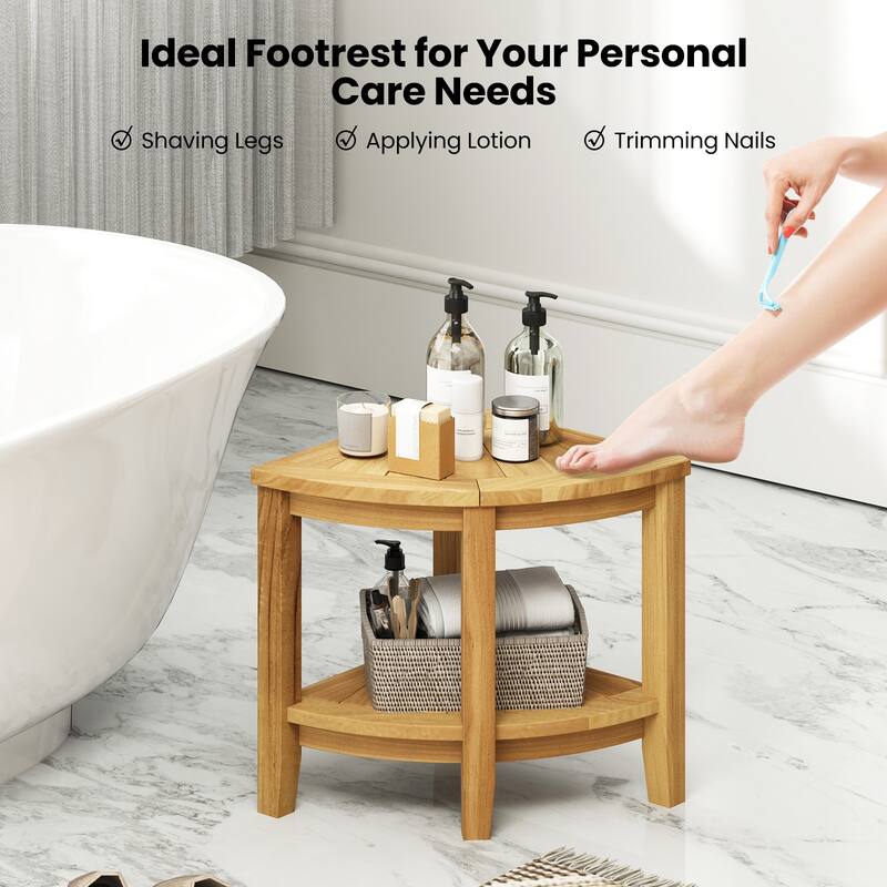 Gymax Corner Shower Stool Teak Wood Shower Bench w/ Storage Shelf