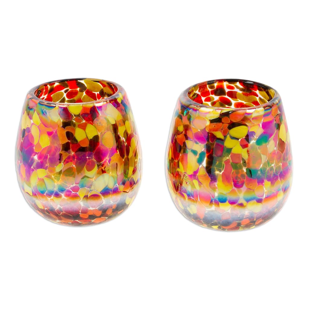 NOVICA Artisan Handblown Recycled Stemless Wine Glasses Colorful Mexican Multicolor Drinkware 'Bright Confetti' (Pair)