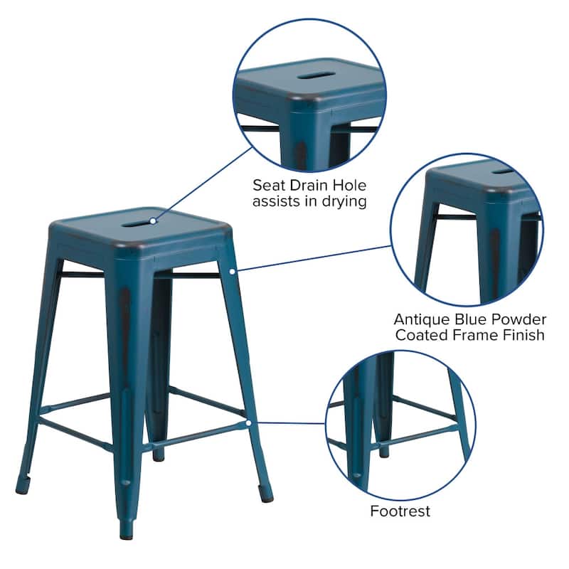 24" High Backless Distressed Metal Indoor-Outdoor Counter Height Stool