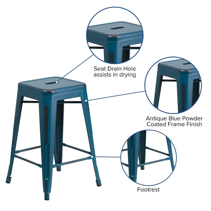 4 Pack 24" High Backless Distressed Metal Indoor-Outdoor Counter Height Stool