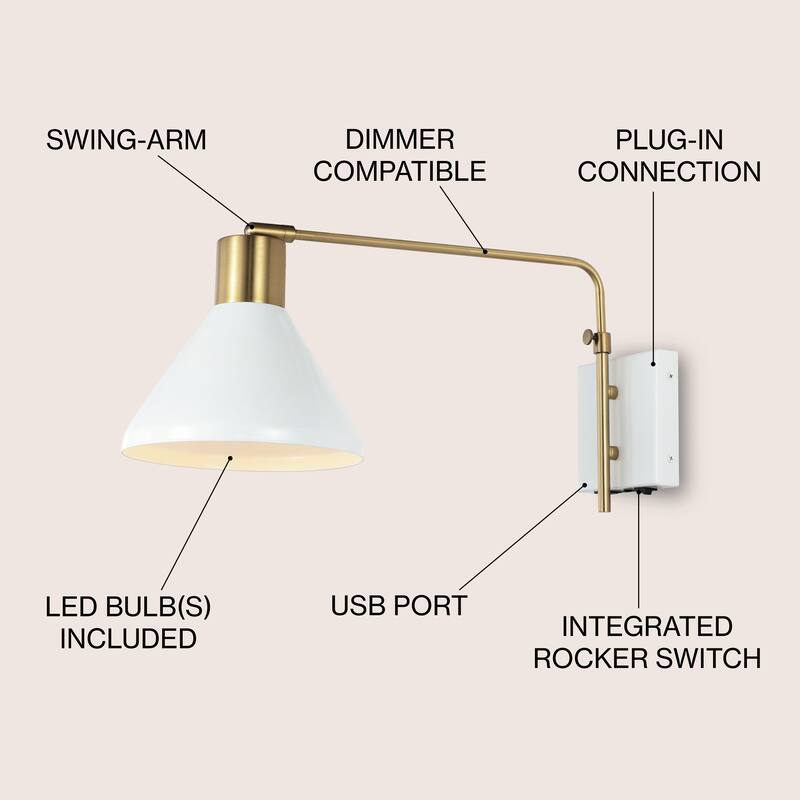 Justina Swing Arm 1-Light Modern Midcentury Iron USB Charging Port LED Sconce, by JONATHAN Y