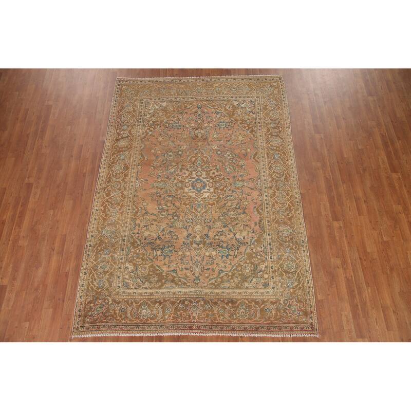 Hand Knotted Oriental 100% Wool Carpet Traditional Floral Coral Kashan Area Rug - 9' 1'' X 6' 5''