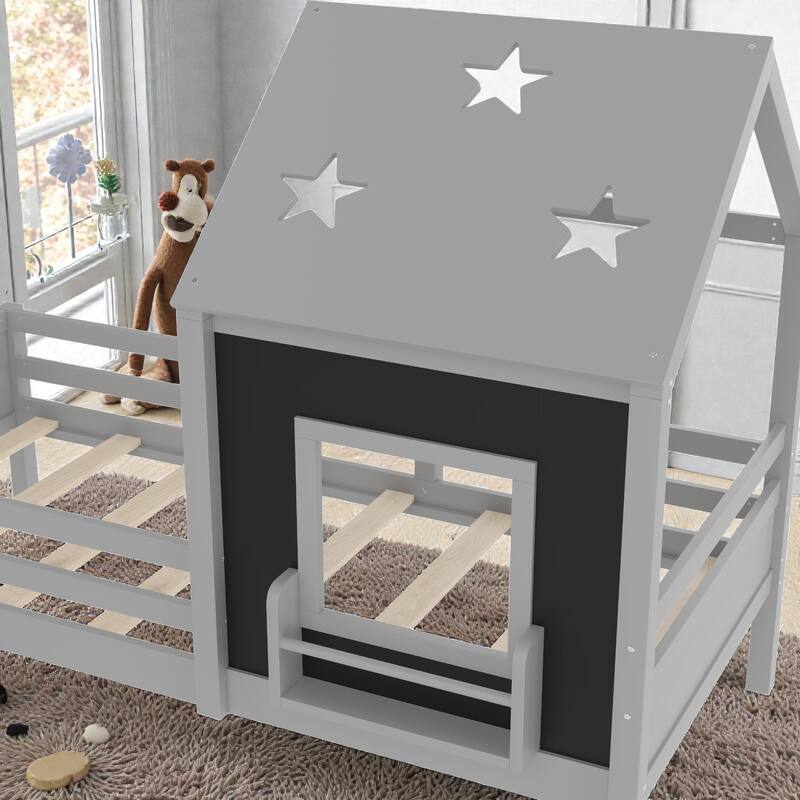 Kids House Platform Bed with Stairs, Star Roof, Window, Bookcase & Blackboard, Solid Wood Low Profile Bed No Box Spring