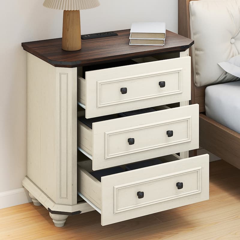 Moasis 3 Drawer Farmhouse Nightstand with USB Ports and Outlets , Bedside Table & End Table for Bedroom