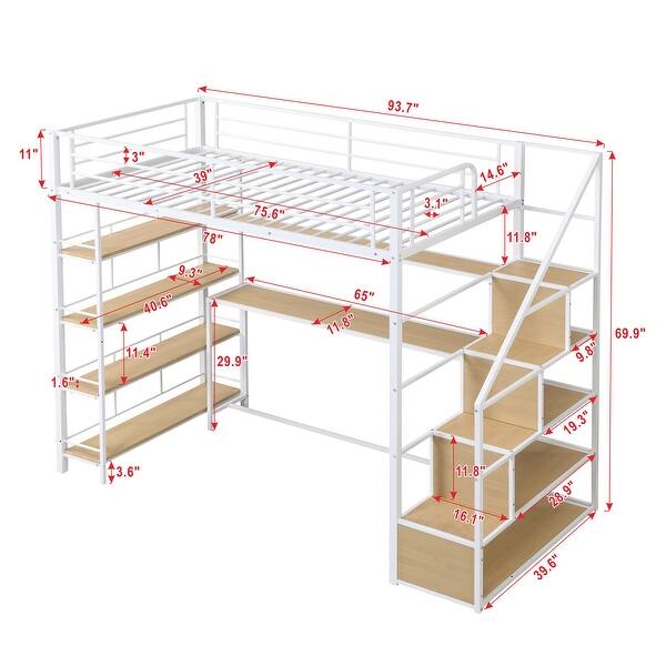 Twin Size Metal Loft Bed with Desk and Shelves, Space-Saving Design, White