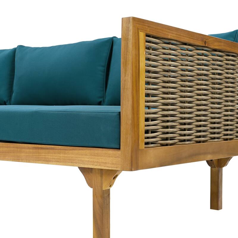 Acacia Wood Daybed with Rattan Arms Slat Paneling and Water Resistant Cushions