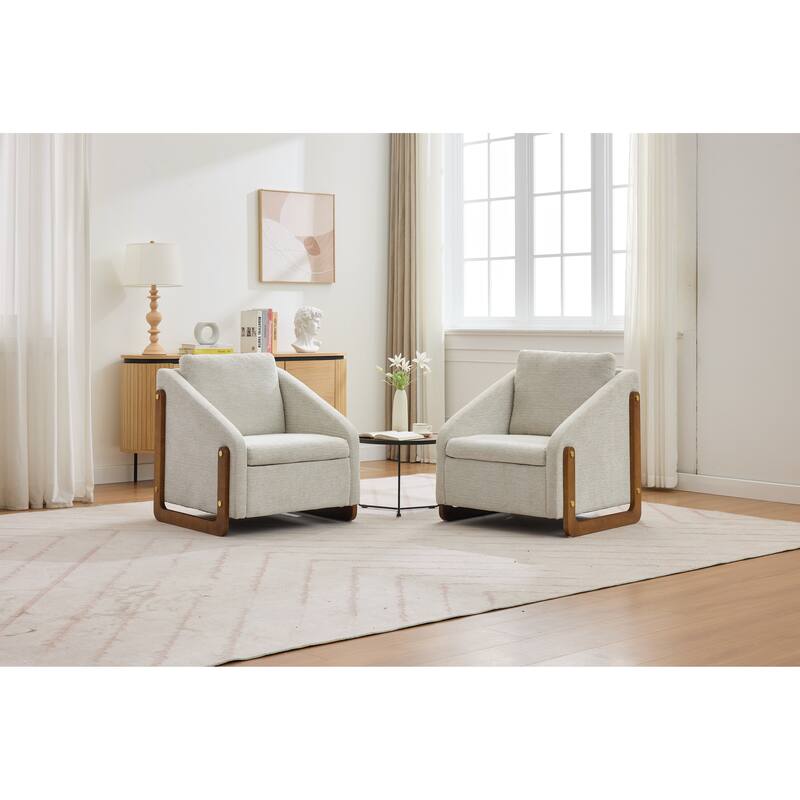 Modern Chenille Upholstered Armchair with Wooden Side Frame, Single Accent Leisure Chair with Backrest for Living Room, Bedroom