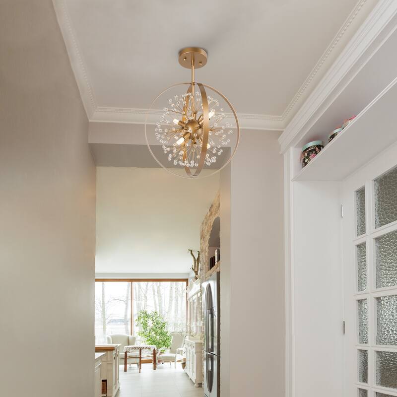 Mid-Century Modern Art Crystal 4-light Globe Semi-flush Mount Light for Foyer - D 15'' x H 20''