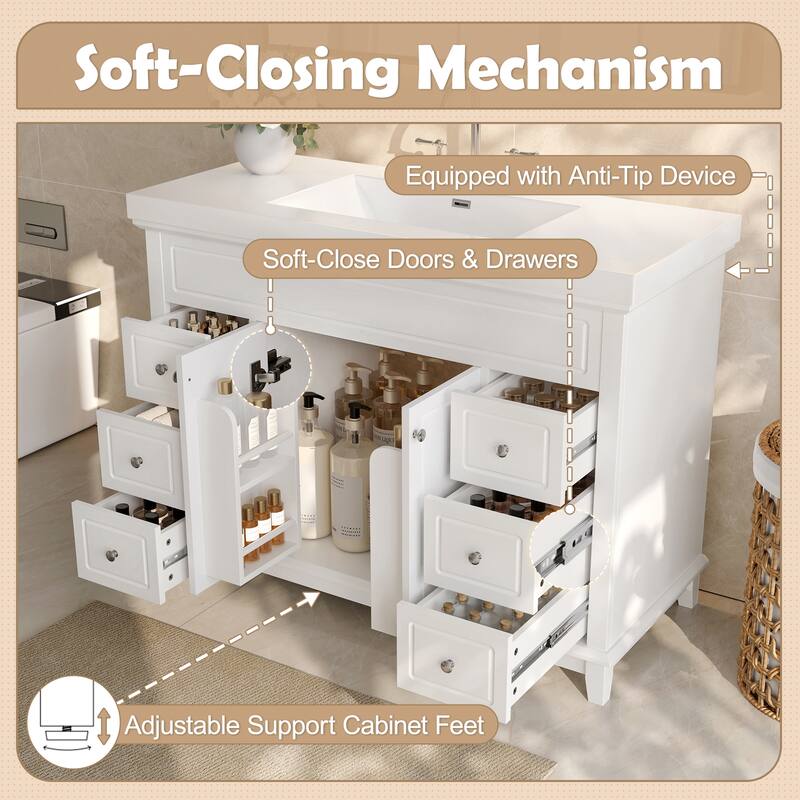 Roomfitters 48" Bathroom Vanity with Integrated Resin Sink, 6 Soft-Close Drawers and Double Doors with 2-Tier Shelving, White