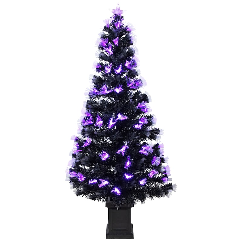8-Function Fiber Optic Artificial Pine Potted Halloween Tree - 5' - Black - Orange and Purple LED - 3-to-6-feet