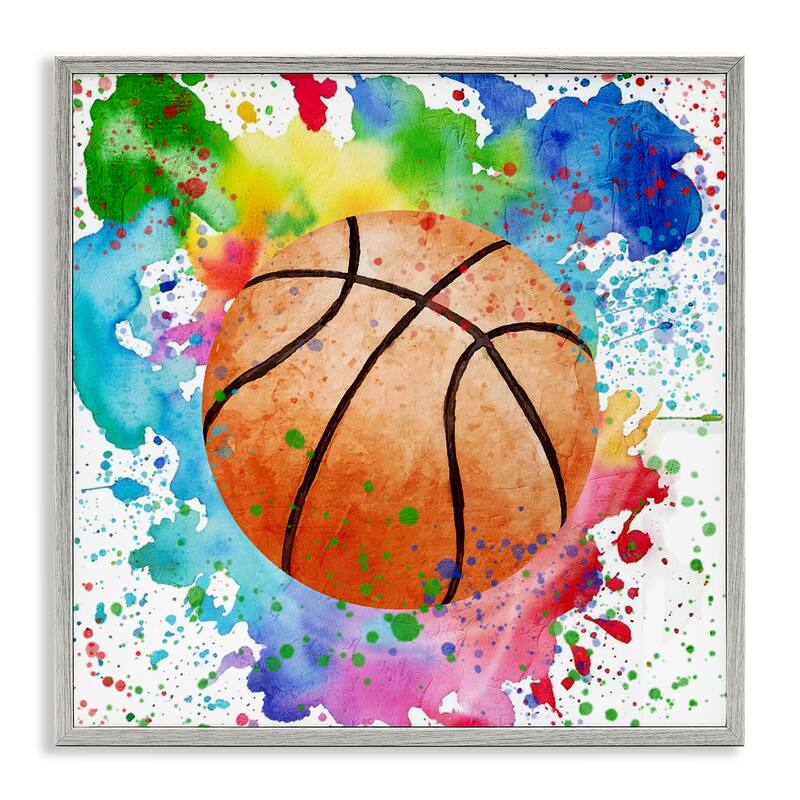 Stupell Basketball with Bright Splash Framed Giclee Art Design By Kim Allen - 24 x 24 - Grey