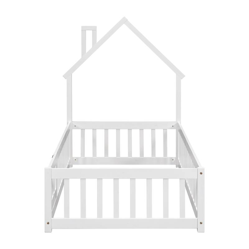 GDFStudio - Ethan American-Style Pine Twin Bed with House-Headboard and Fence Design