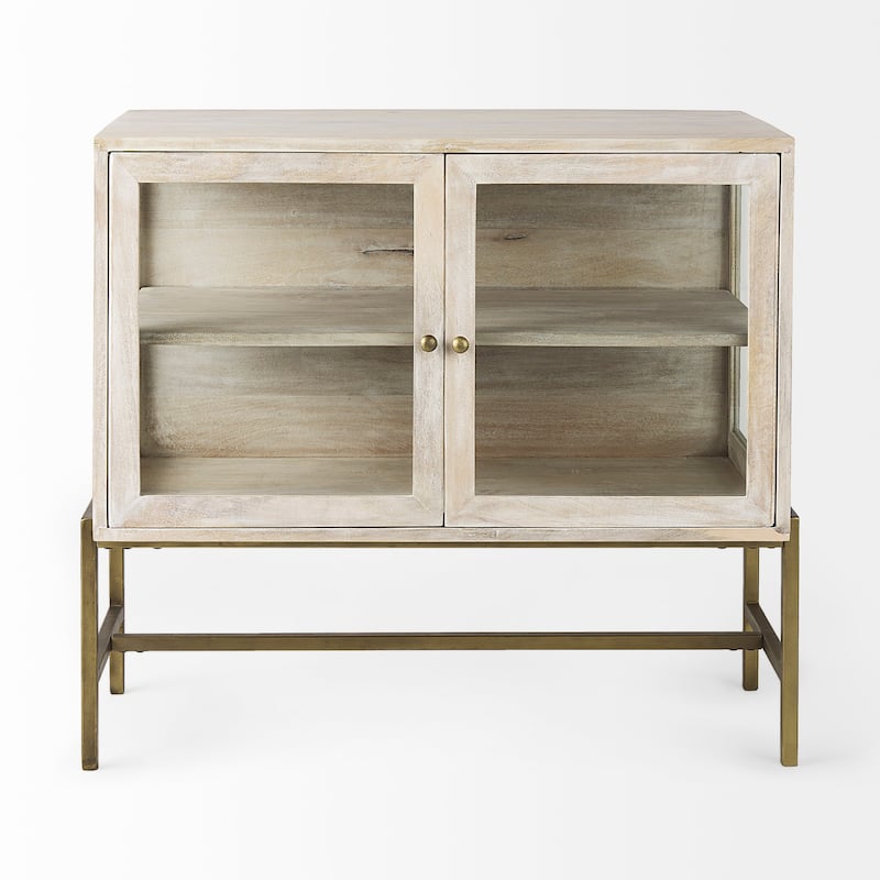 Arelius Light Brown Solid Wood w/ Black Iron Frame & 2 Glass Doors Accent Cabinet - 36.0L x 18.0W x 32.0H