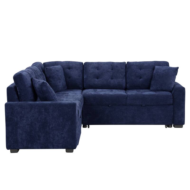 Blue 82.6" L-Shaped 5-Seat Sectional Sofa with Wheels, Pull-Out Bed, USB Ports, and Power Outlets