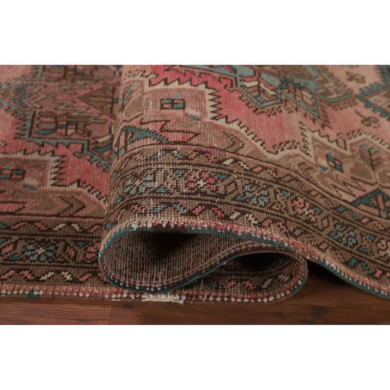 Pink Geometric Tabriz Persian Vintage Runner Rug Handmade Wool Carpet - 3'3"x 12'5"