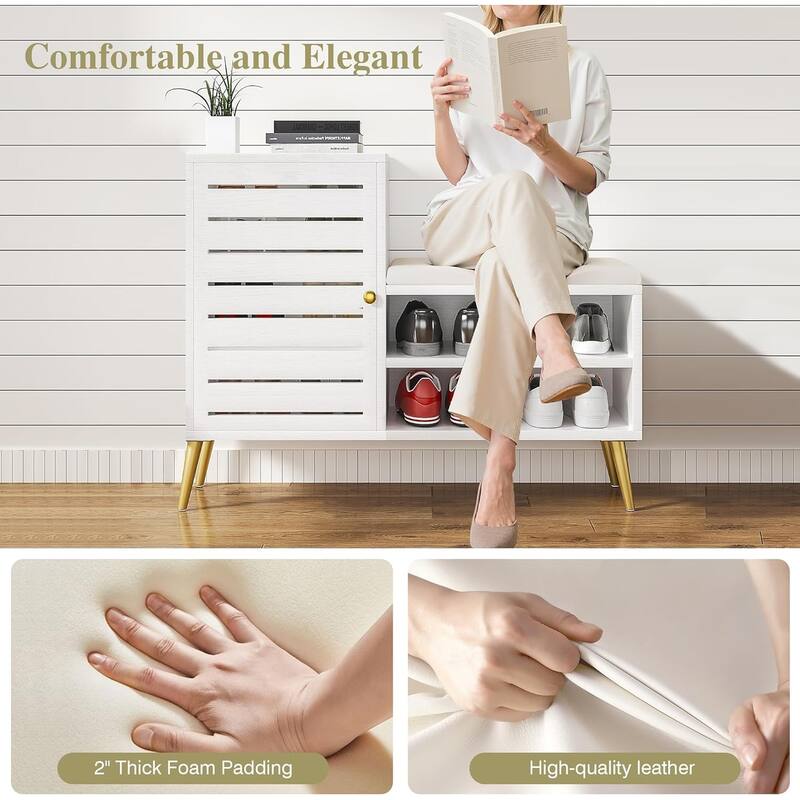 VECELO L-Shaped Entryway Bench with Cushion Shoe Storage Bench with Louvered Door & Open Shelves Hallway Seat Organizer