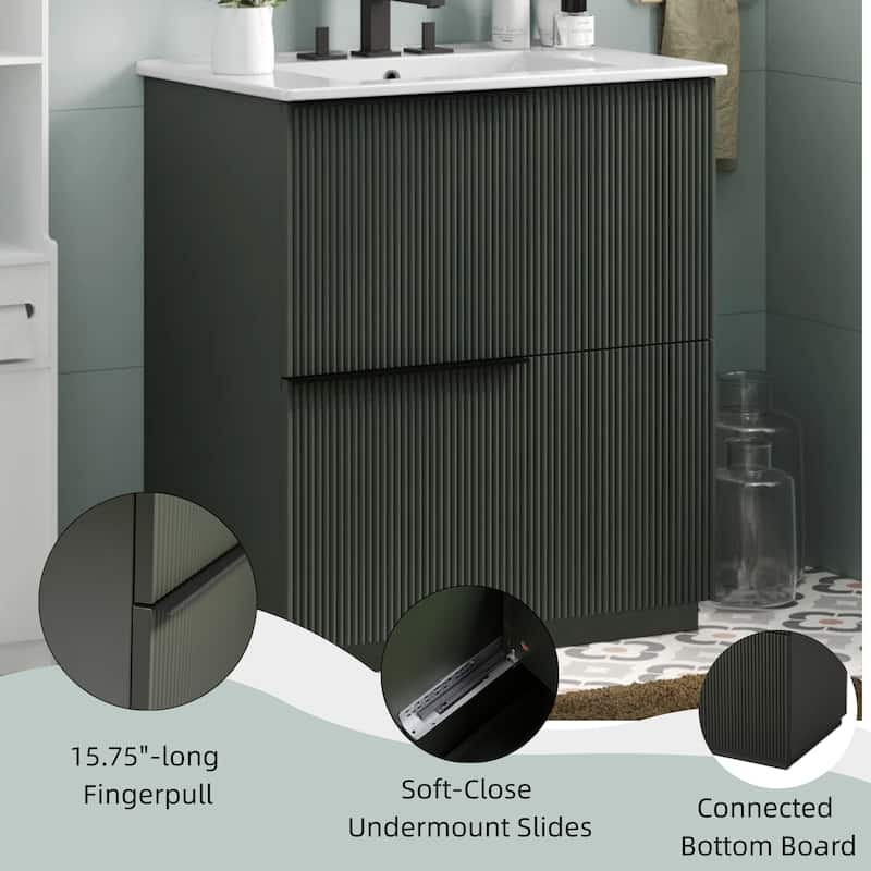 30" Bathroom Vanity with Ceramic Sink, Full-Extension Drawers, Soft-Close Undermount Slides, Fluted Design