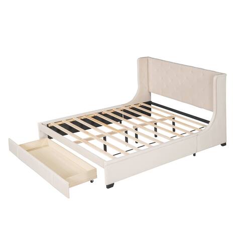 Queen Size Upholstered Platform Bed with Footside Drawer&Wingback Headboard for Small Bedroom City Aprtment Dorm