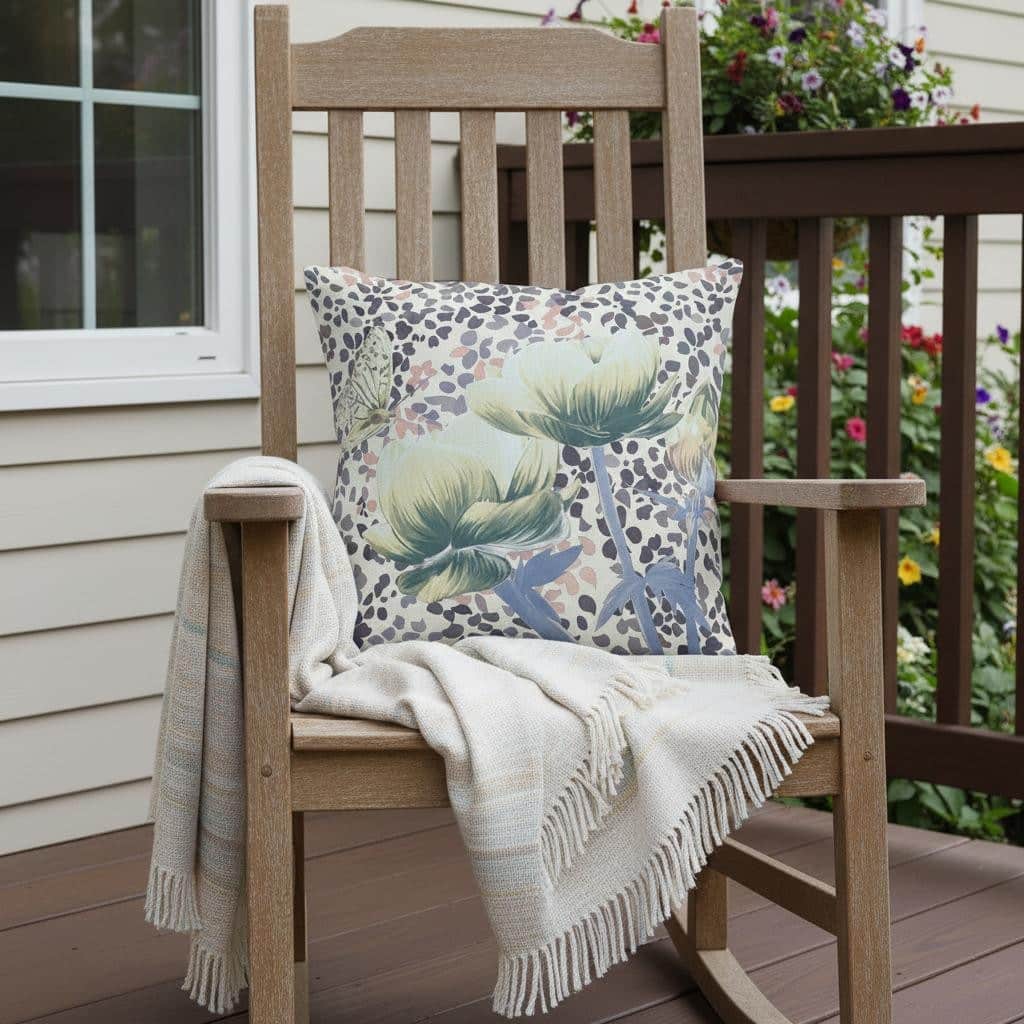 HomeRoots 20" x 20" Green and Black Butterfly Blown Seam Floral Indoor Outdoor Throw Pillow - 20.00' X '5.00' X '20.00