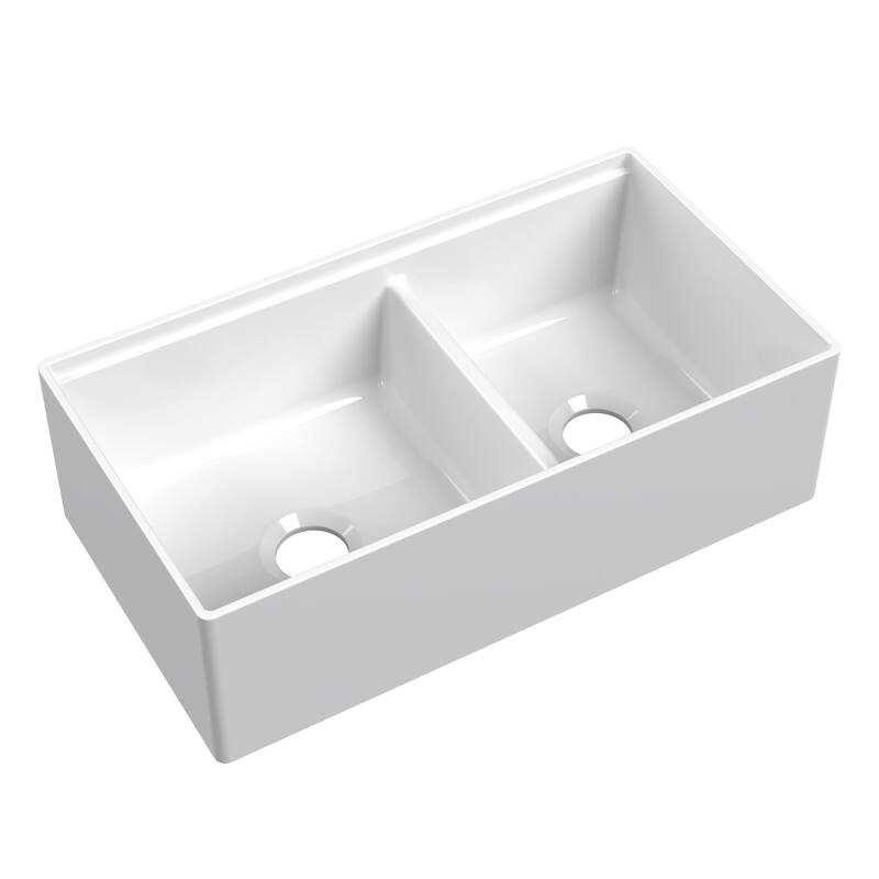 Ruvati 33 inch Fireclay Workstation White Farmhouse Kitchen Sink Apron Front Double Bowl - RVL2382WH - 30 x 18