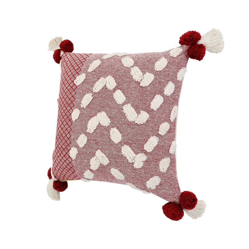 20" Red and White Zeal Pom Square Throw Pillow