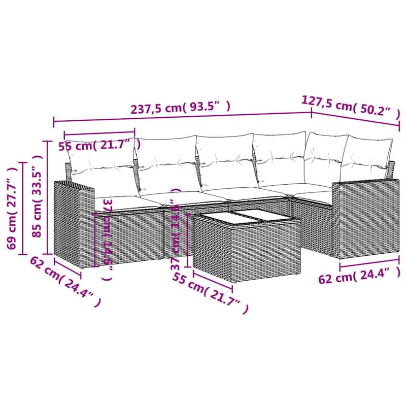 vidaXL 5/6 Piece Patio Sofa Set with Cushions Black Poly Rattan - 24.4" x 24.4" x 27.2"