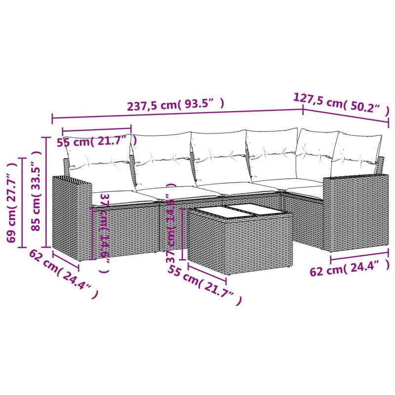 vidaXL Patio Sofa Set with Cushions Outdoor Conversation Furniture Poly Rattan - 25.8" x 24.4" x 27.2"