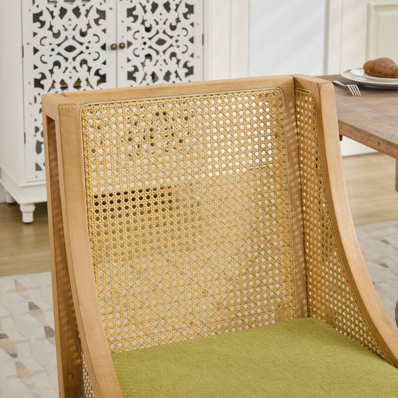 Country Style Rattan Dining Chair with Decorative Arms and Linen Upholstered Seat, for Kitchen, Dining Room, Olive Green