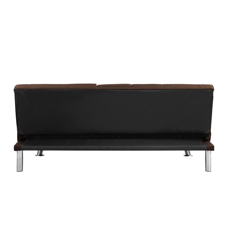 Sofa Bed with Armrests, Wood Frame & Stainless Legs, Futon Style with PVC Upholstery - Brown