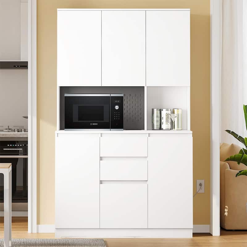 74" Freestanding Kitchen Pantry Cabinet w/Drawers, Storage Microwave - W43.66*D15.74*H74.00