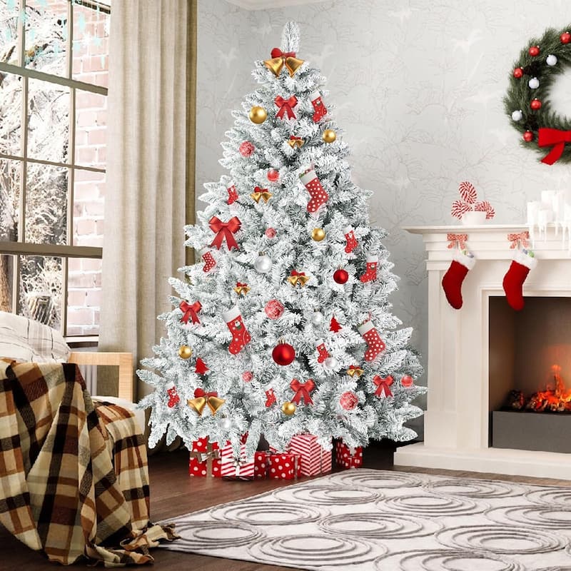 6ft-7ft Artificial Snow Flocked Christmas Tree with Metal Stable Stand Base for Indoor and Outdoor Holiday Decoration