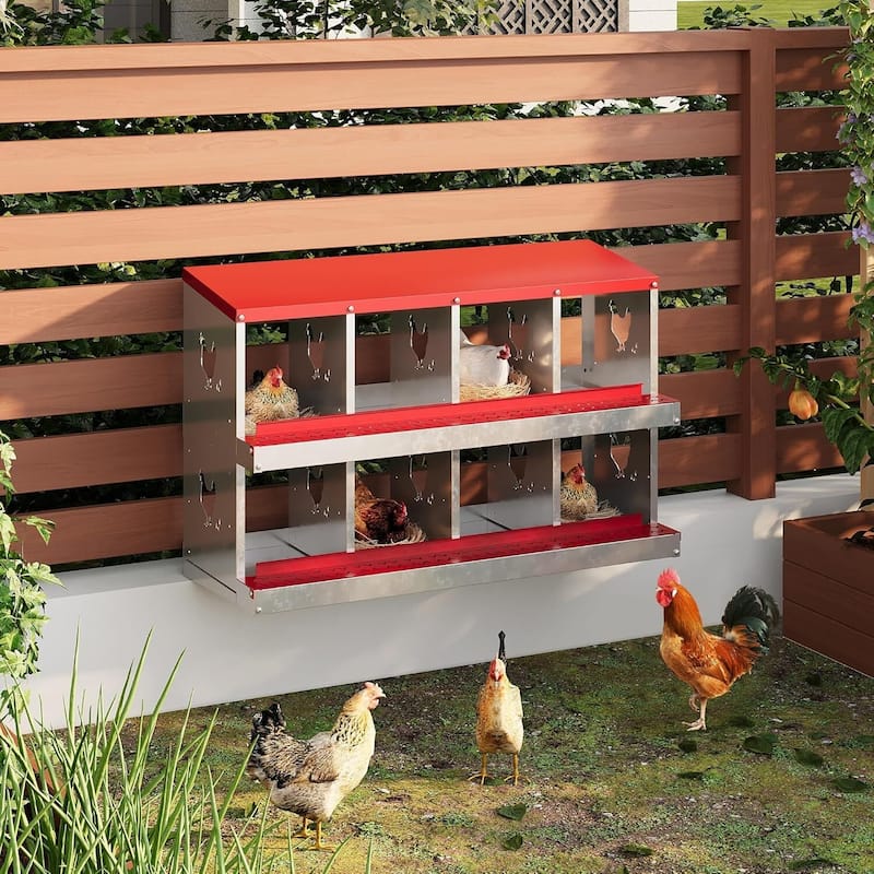 Wall-Mount or Free-Standing Metal Chicken Nesting Box for Hens, Red - Red 8 Compartments