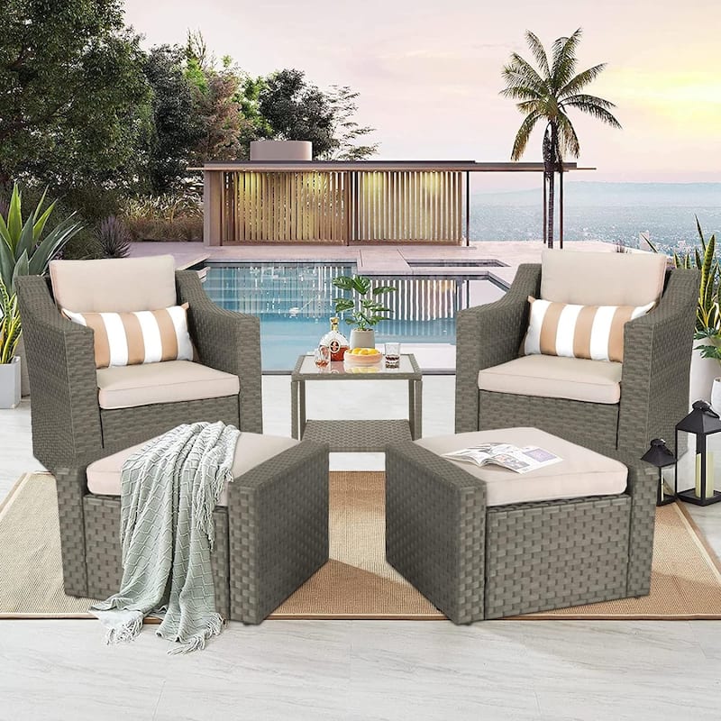 5-piece Outdoor Patio Wicker Lounge Chair and Ottoman Conversation Set