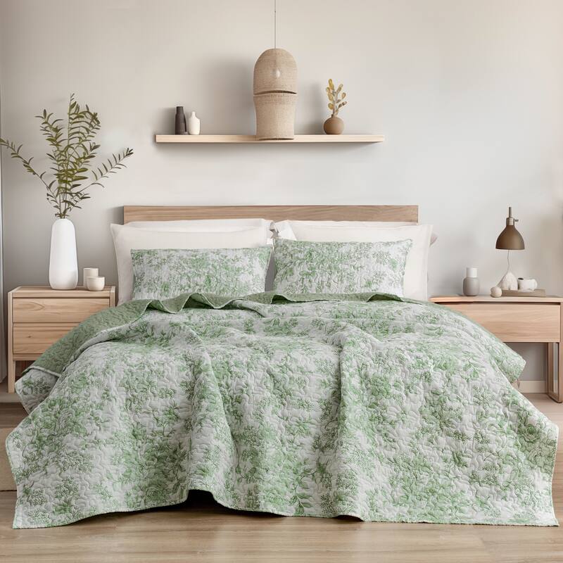 Wonderful Floral Quilt Set 3 Piece Cotton - Sage - Queen