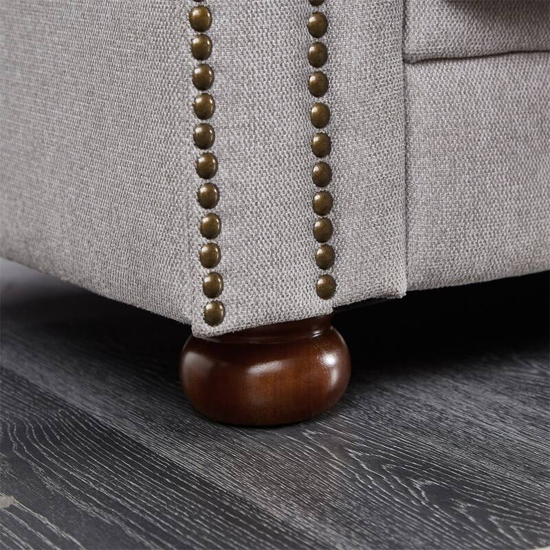 3 Seat Linen Fabric Couch, Solid Wood Chesterfield Round Armrest Sofa